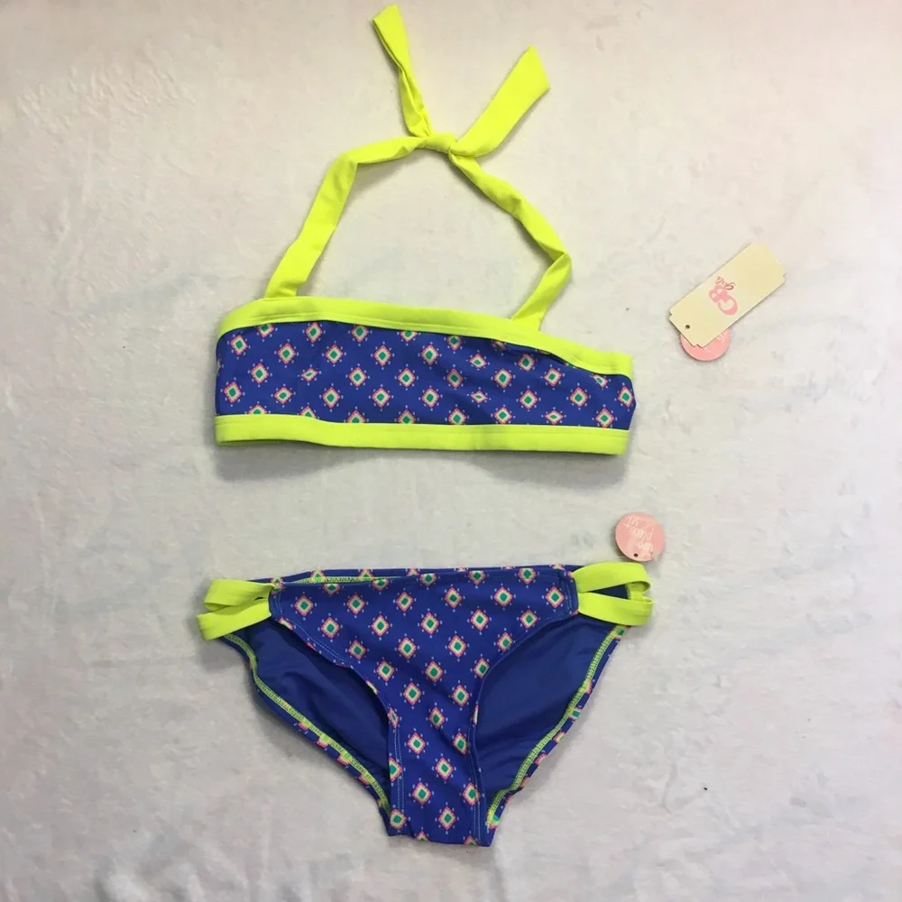 GB Girls Two Piece‎ Swimsuit Kids 14 Blue Neon Yellow New Geometric Bikini Set